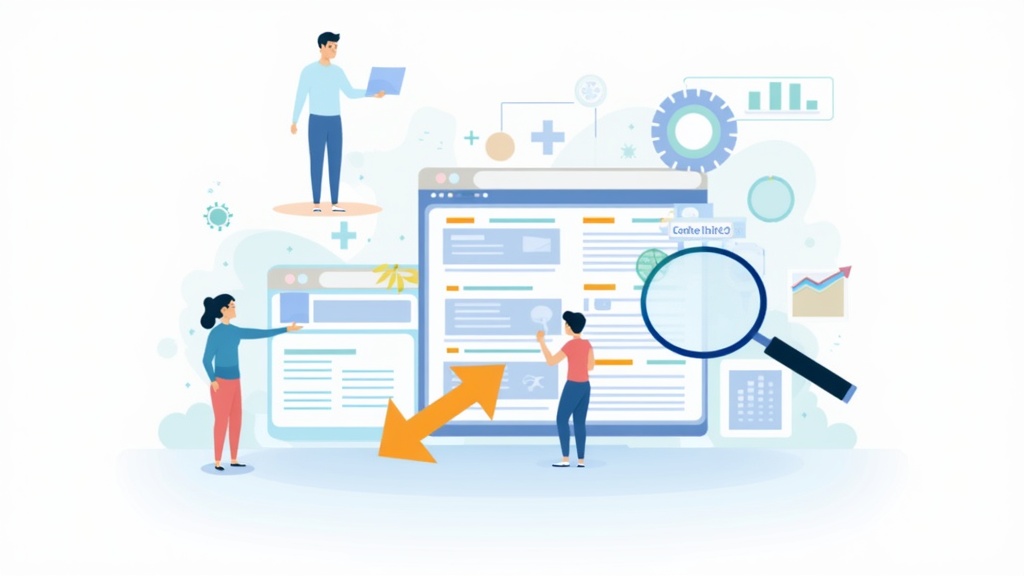 A stylized illustration of website content, SEO icons, magnifying glass, and search bars